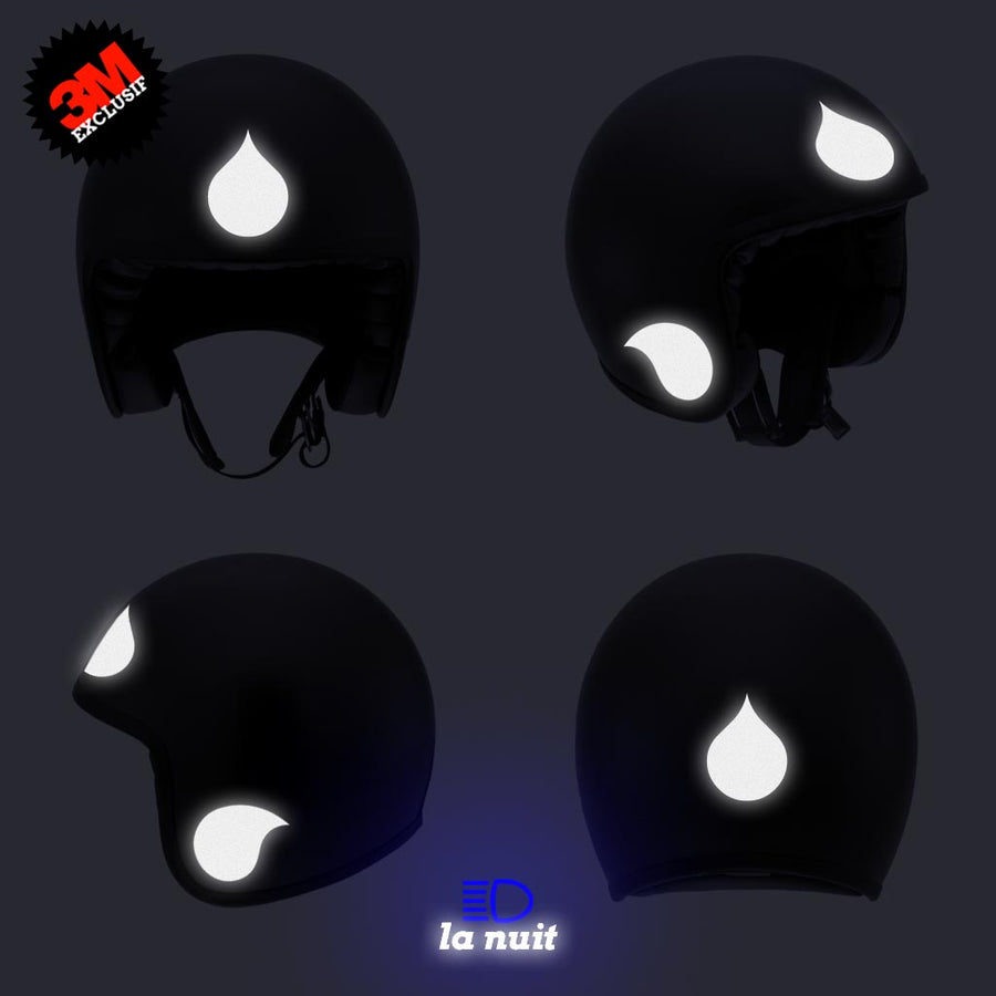 G-drop noir - kit sticker de 4 autocollants retro réfléchissants goutte d'eau casque moto 3M homologués (vue nuit B)