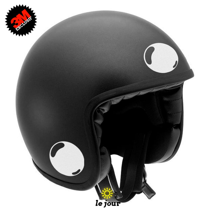 G-bubble blanc - kit sticker de 4 autocollants retro réfléchissants bulle ronde casque moto 3M homologués (vue jour A)