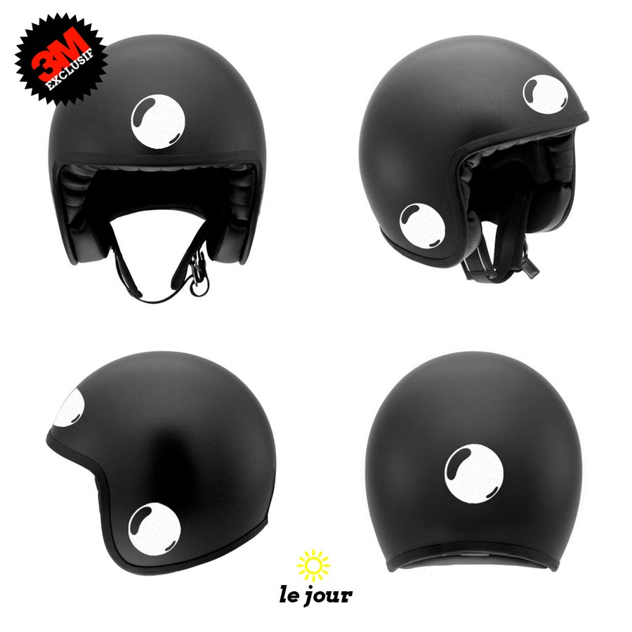 G-bubble blanc - kit sticker de 4 autocollants retro réfléchissants bulle ronde casque moto 3M homologués (vue jour B)
