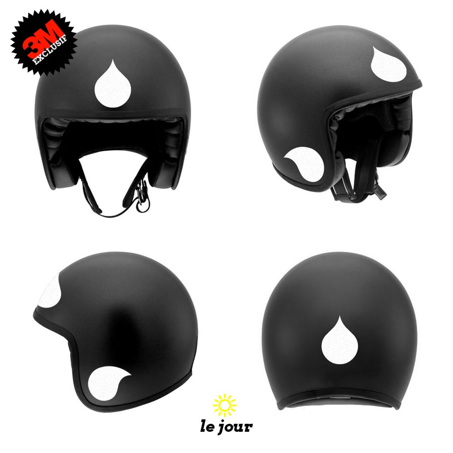 G-drop blanc - kit sticker de 4 autocollants retro réfléchissants goutte d'eau casque moto 3M homologués (vue jour B)