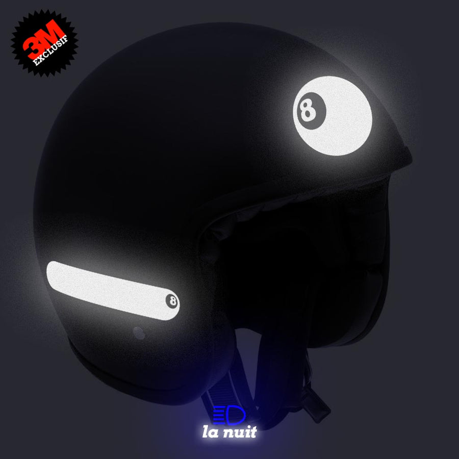 G-eightball blanc - kit sticker de 4 autocollants retro réfléchissants boule billard numéro 8 casque moto 3M homologués (vue nuit A)