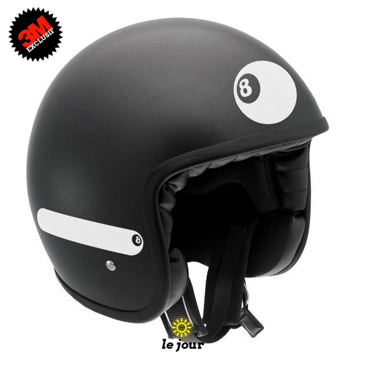 G-eightball blanc - kit sticker de 4 autocollants retro réfléchissants boule billard numéro 8 casque moto 3M homologués (vue jour A)