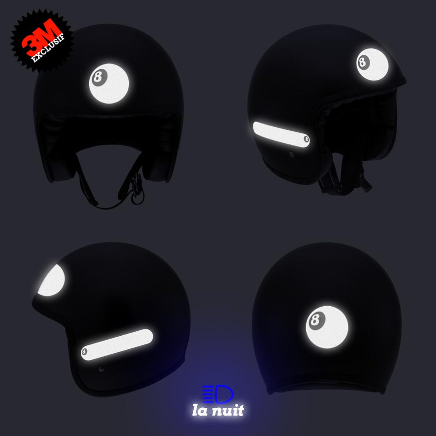 G-eightball blanc - kit sticker de 4 autocollants retro réfléchissants boule billard numéro 8 casque moto 3M homologués (vue nuit B)