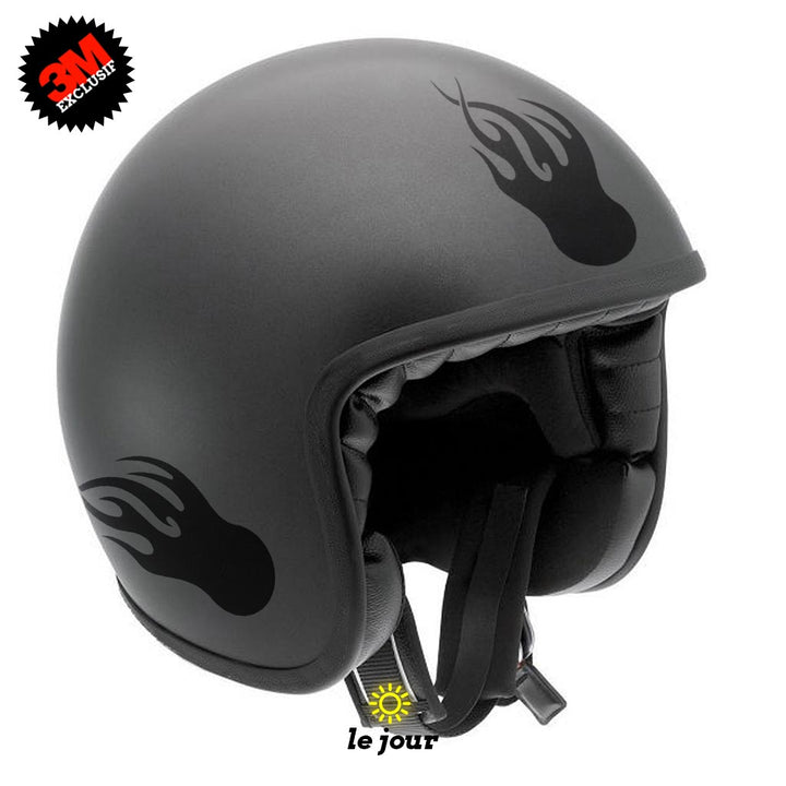 G-flamingball noir - kit sticker de 4 autocollants retro réfléchissants boule flammes casque moto 3M homologués (vue jour A)