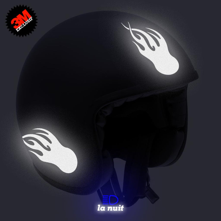 G-flamingball noir - kit sticker de 4 autocollants retro réfléchissants boule flammes casque moto 3M homologués (vue nuit A)