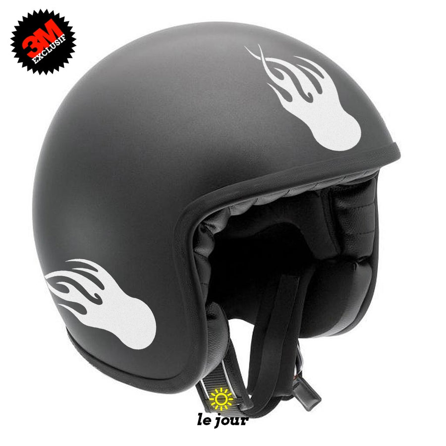 G-flamingball blanc - kit sticker de 4 autocollants retro réfléchissants boule flammes casque moto 3M homologués (vue jour A)