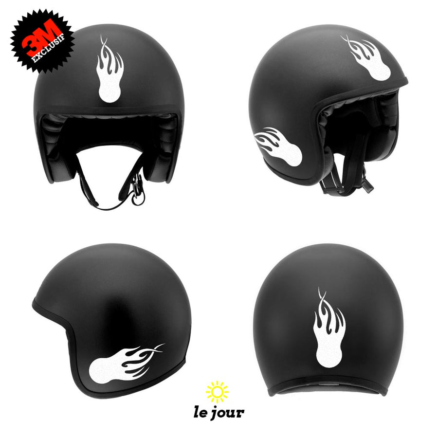 G-flamingball blanc - kit sticker de 4 autocollants retro réfléchissants boule flammes casque moto 3M homologués (vue jour B)