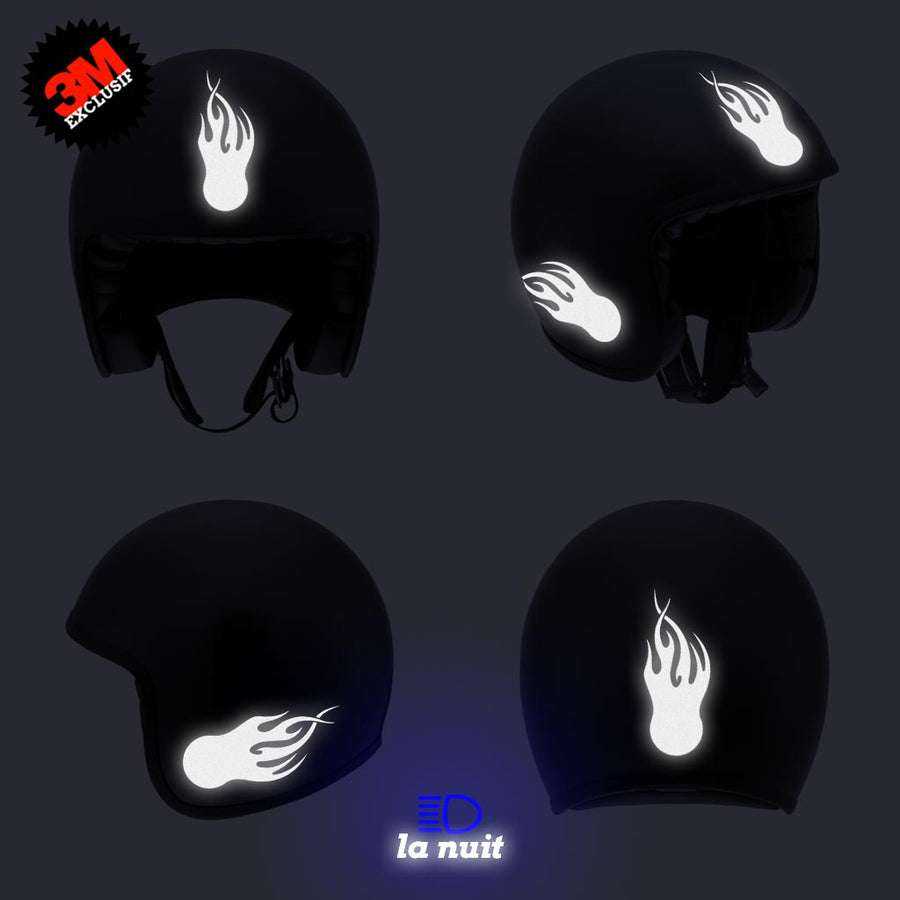 G-flamingball noir - kit sticker de 4 autocollants retro réfléchissants boule flammes casque moto 3M homologués (vue nuit B)