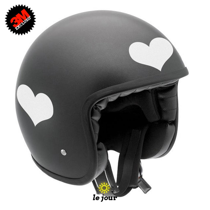 G-heart1 blanc - kit sticker de 4 autocollants retro réfléchissants cœur casque moto 3M homologués (vue jour A)