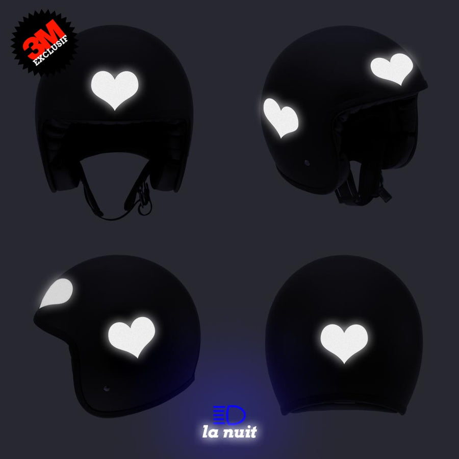 G-heart1 noir - kit sticker de 4 autocollants retro réfléchissants cœur casque moto 3M homologués (vue nuit B)