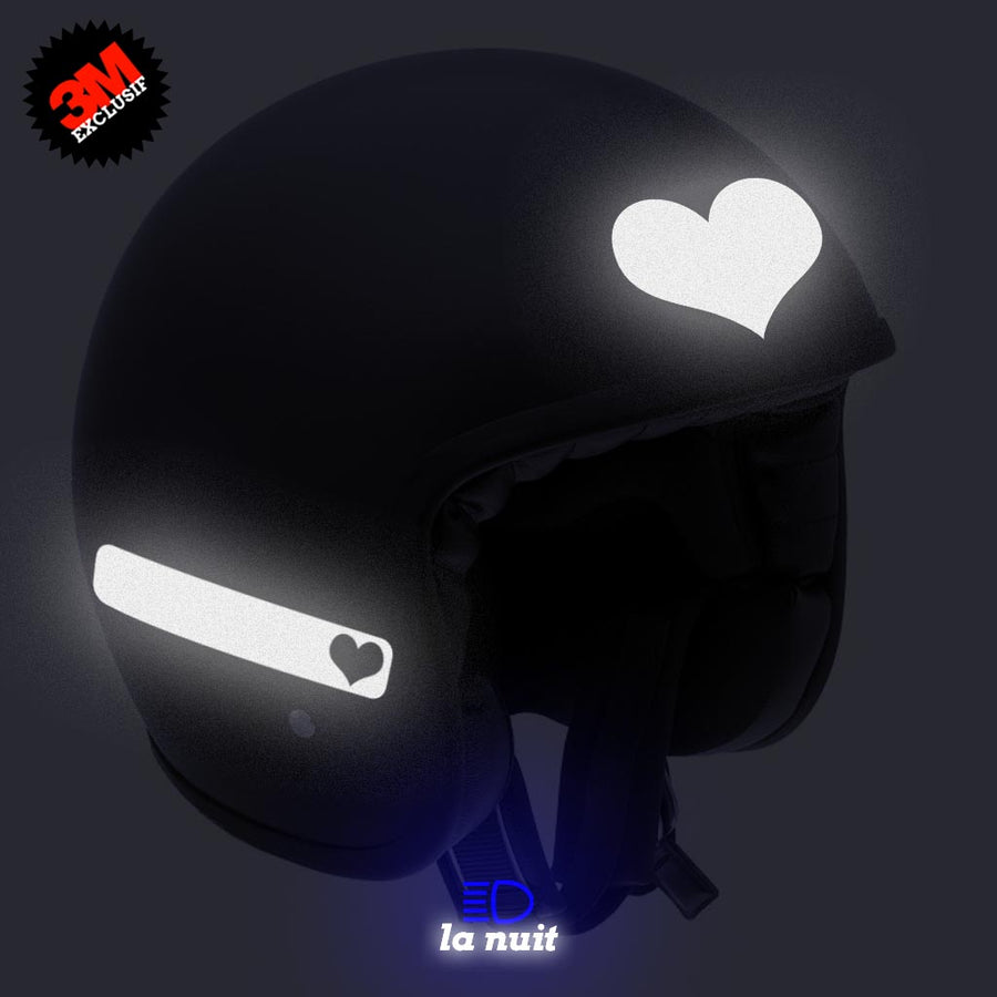 G-heart2 noir - kit sticker de 4 autocollants retro réfléchissants cœur casque moto 3M homologués (vue nuit A)