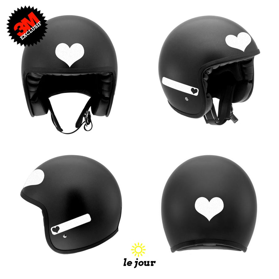 G-heart2 blanc - kit sticker de 4 autocollants retro réfléchissants cœur casque moto 3M homologués (vue jour B)