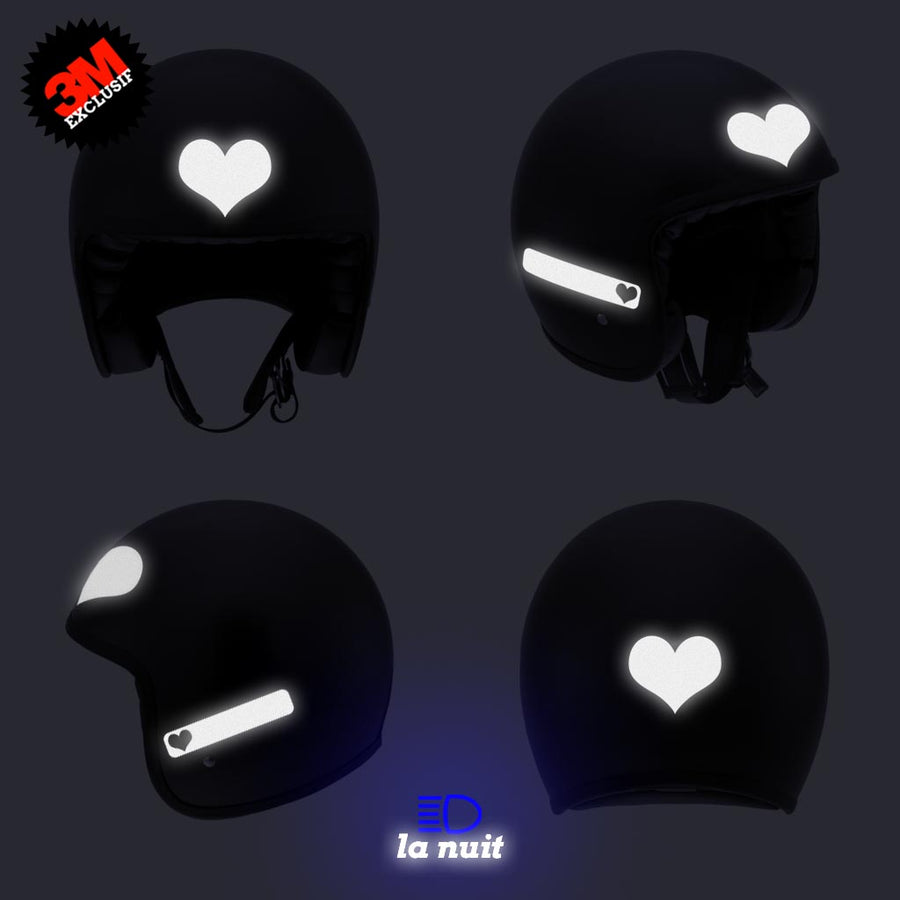 G-heart2 blanc - kit sticker de 4 autocollants retro réfléchissants cœur casque moto 3M homologués (vue nuit B)