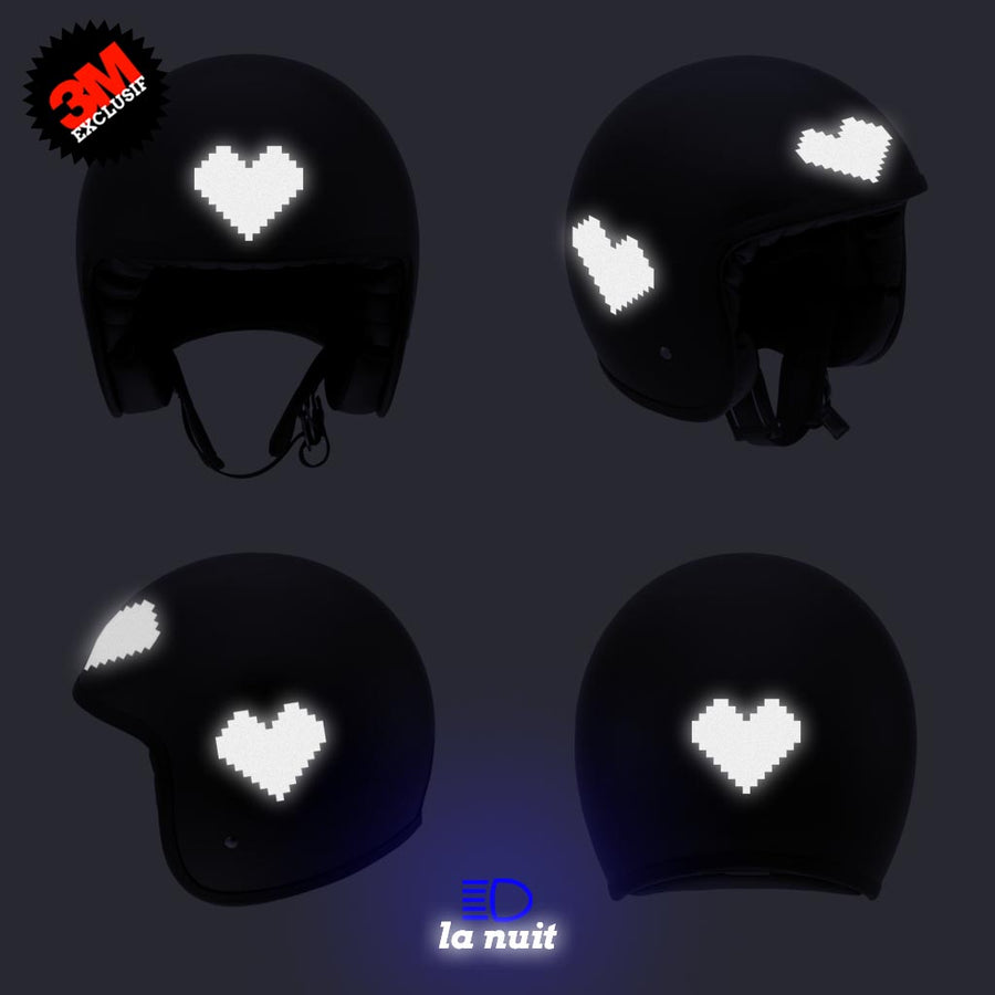 G-heart8bit noir - kit sticker de 4 autocollants retro réfléchissants cœur casque moto 3M homologués (vue nuit B)
