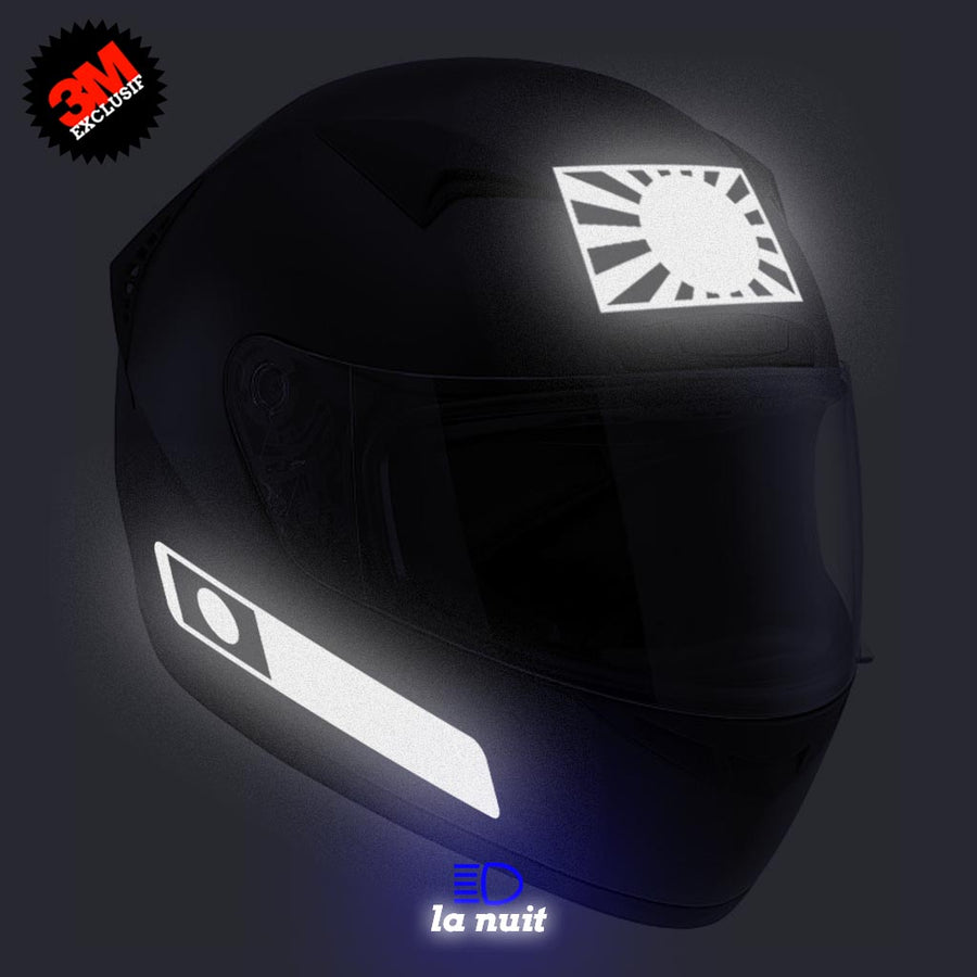 G-JAPAN blanc - kit sticker de 4 autocollants retro réfléchissants drapeau Japon empire soleil levant casque moto 3M homologués (vue nuit A)