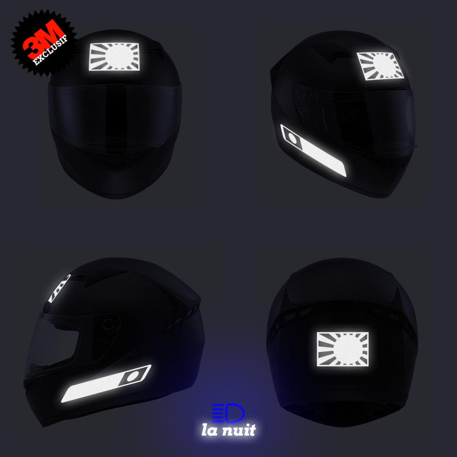 G-JAPAN noir - kit sticker de 4 autocollants retro réfléchissants drapeau Japon empire soleil levant casque moto 3M homologués (vue nuit B)