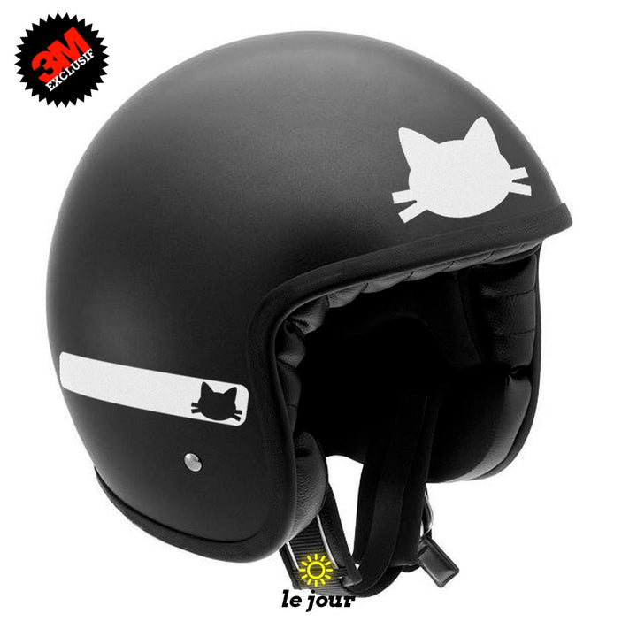 G-KAT blanc - kit sticker de 4 autocollants retro réfléchissants chat casque moto 3M homologués (vue jour A)