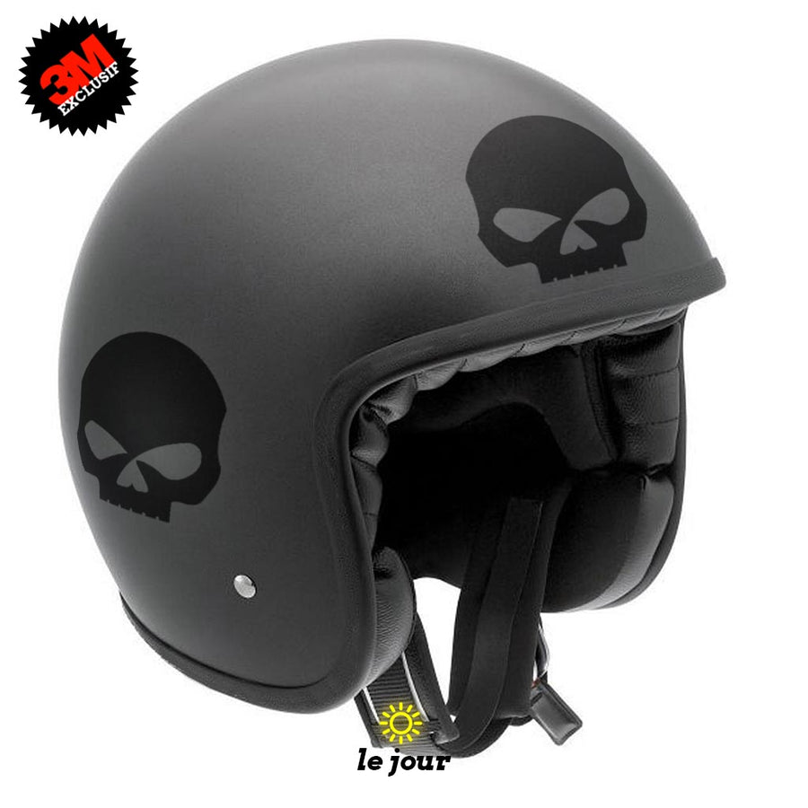 G-skullHD1 noir - kit sticker de 4 autocollants retro réfléchissants crane tete de mort biker harley davidson casque moto 3M homologués (vue jour A)