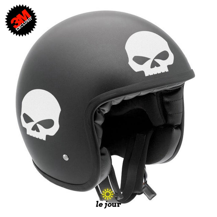 G-skullHD1 blanc - kit sticker de 4 autocollants retro réfléchissants crane tete de mort biker harley davidson casque moto 3M homologués (vue jour A)