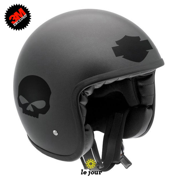 G-skullHD2 noir - kit sticker de 4 autocollants retro réfléchissants crane tete de mort biker harley davidson bar end shield casque moto 3M homologués (vue jour A)