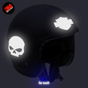 G-skullHD2 noir - kit sticker de 4 autocollants retro réfléchissants crane tete de mort biker harley davidson bar end shield casque moto 3M homologués (vue nuit A)