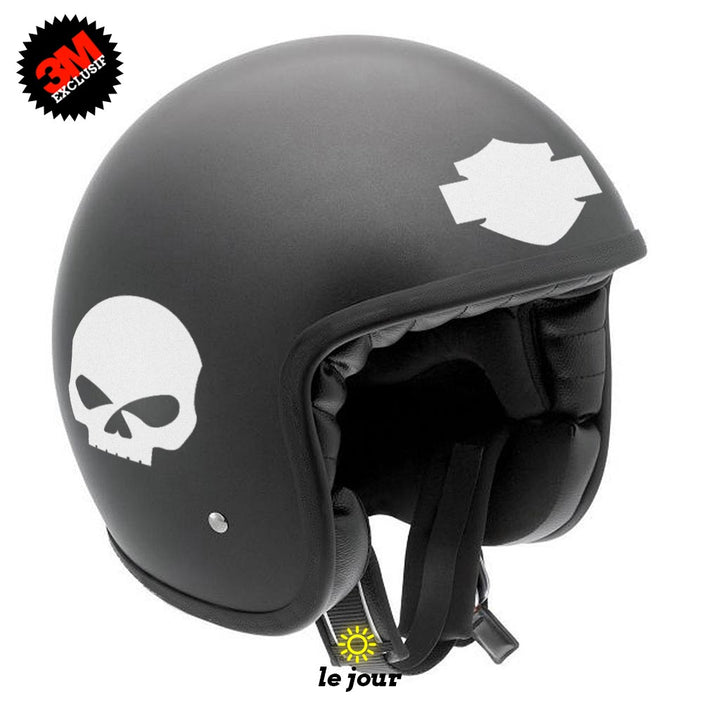 G-skullHD2 blanc - kit sticker de 4 autocollants retro réfléchissants crane tete de mort biker harley davidson bar end shield casque moto 3M homologués (vue jour A)