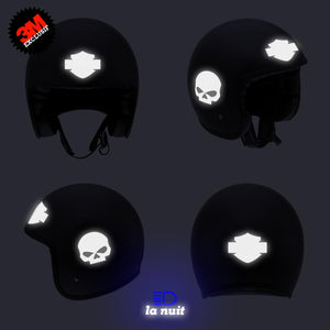 G-skullHD2 noir - kit sticker de 4 autocollants retro réfléchissants crane tete de mort biker harley davidson bar end shield casque moto 3M homologués (vue nuit B)