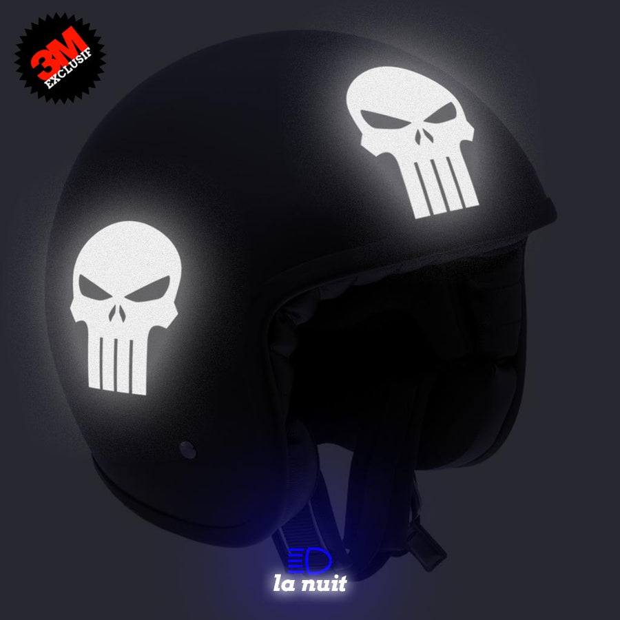 G-skullpunish1 blanc - kit sticker de 4 autocollants retro réfléchissants crane tete de mort punisher biker harley davidson casque moto 3M homologués (vue nuit A)
