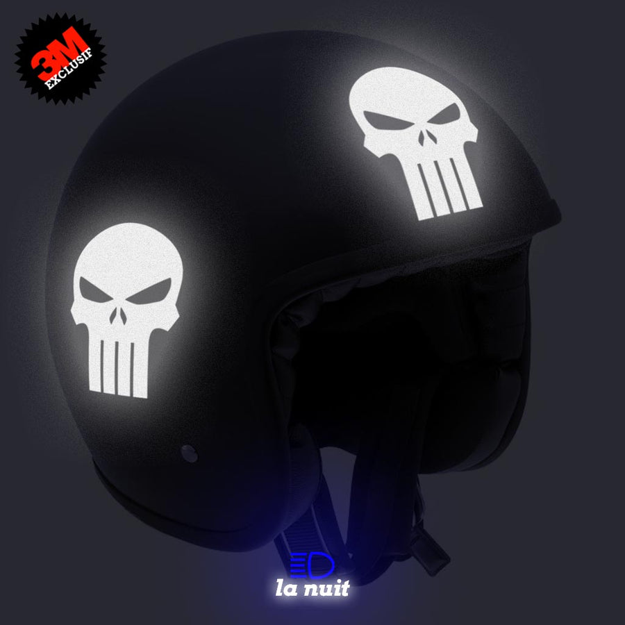 G-skullpunish1 noir - kit sticker de 4 autocollants retro réfléchissants crane tete de mort punisher biker harley davidson casque moto 3M homologués (vue nuit A)