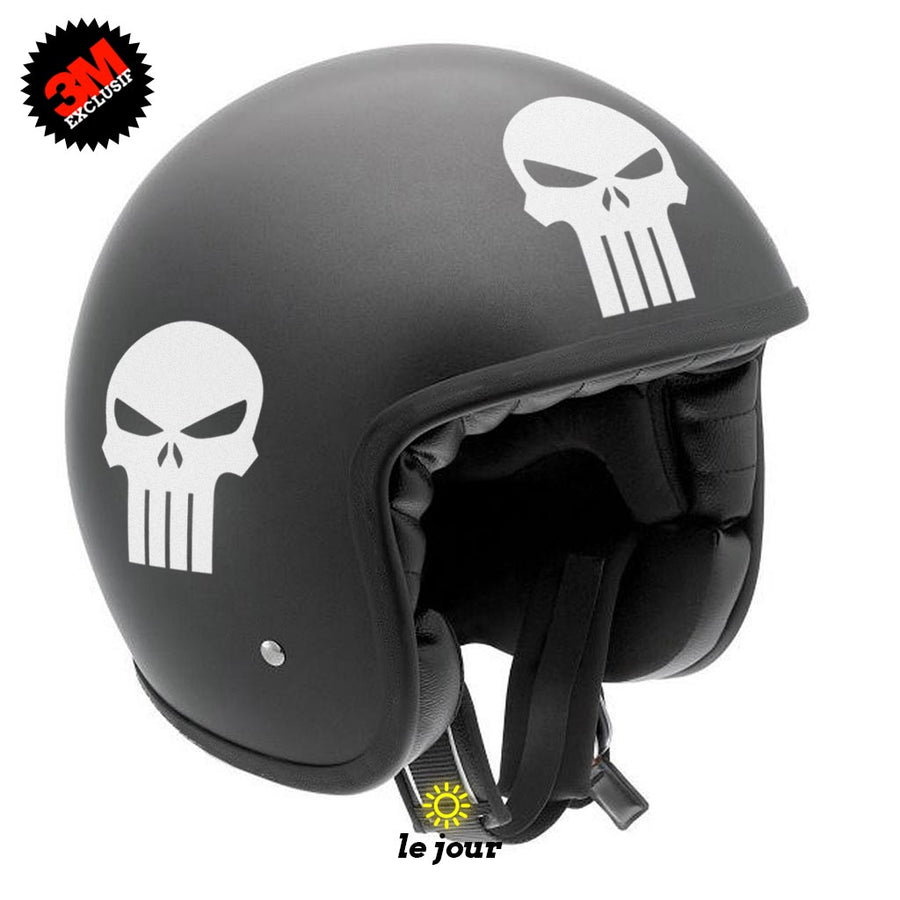 G-skullpunish1 blanc - kit sticker de 4 autocollants retro réfléchissants crane tete de mort punisher biker harley davidson casque moto 3M homologués (vue jour A)