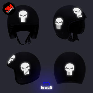 G-skullpunish1 noir - kit sticker de 4 autocollants retro réfléchissants crane tete de mort punisher biker harley davidson casque moto 3M homologués (vue nuit B)