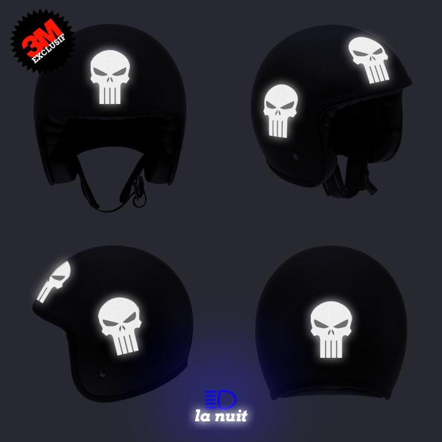 G-skullpunish1 blanc - kit sticker de 4 autocollants retro réfléchissants crane tete de mort punisher biker harley davidson casque moto 3M homologués (vue nuit B)