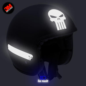 G-skullpunish2 blanc - kit sticker de 4 autocollants retro réfléchissants crane tete de mort punisher biker harley davidson casque moto 3M homologués (vue nuit A)