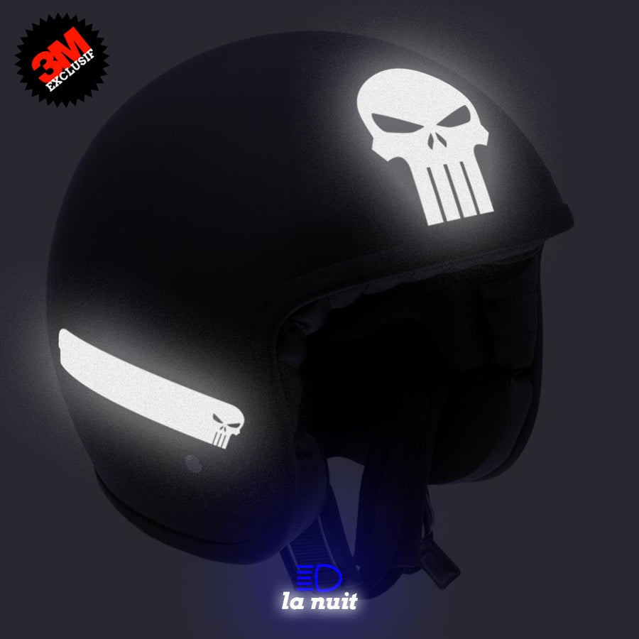 G-skullpunish2 blanc - kit sticker de 4 autocollants retro réfléchissants crane tete de mort punisher biker harley davidson casque moto 3M homologués (vue nuit A)