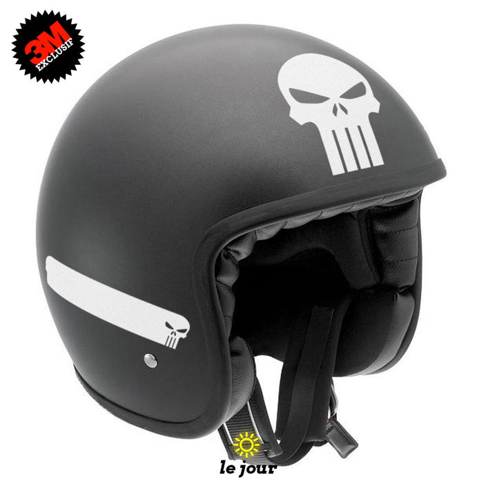 G-skullpunish2 blanc - kit sticker de 4 autocollants retro réfléchissants crane tete de mort punisher biker harley davidson casque moto 3M homologués (vue jour A)