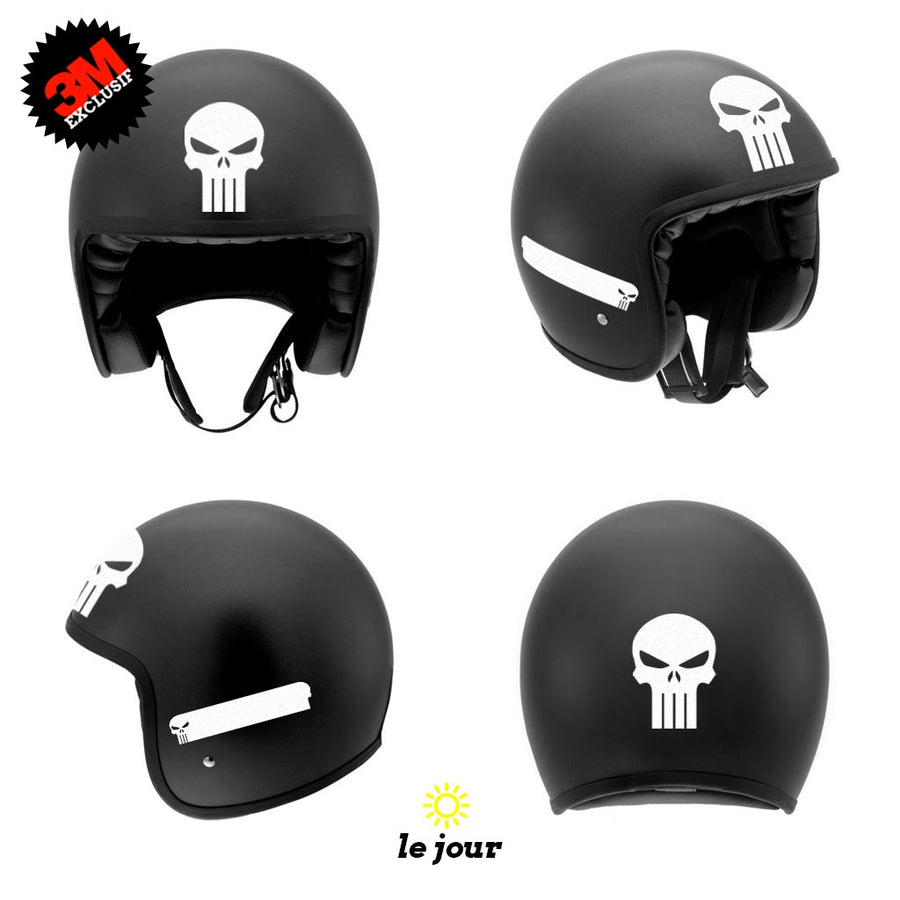 G-skullpunish2 blanc - kit sticker de 4 autocollants retro réfléchissants crane tete de mort punisher biker harley davidson casque moto 3M homologués (vue jour B)