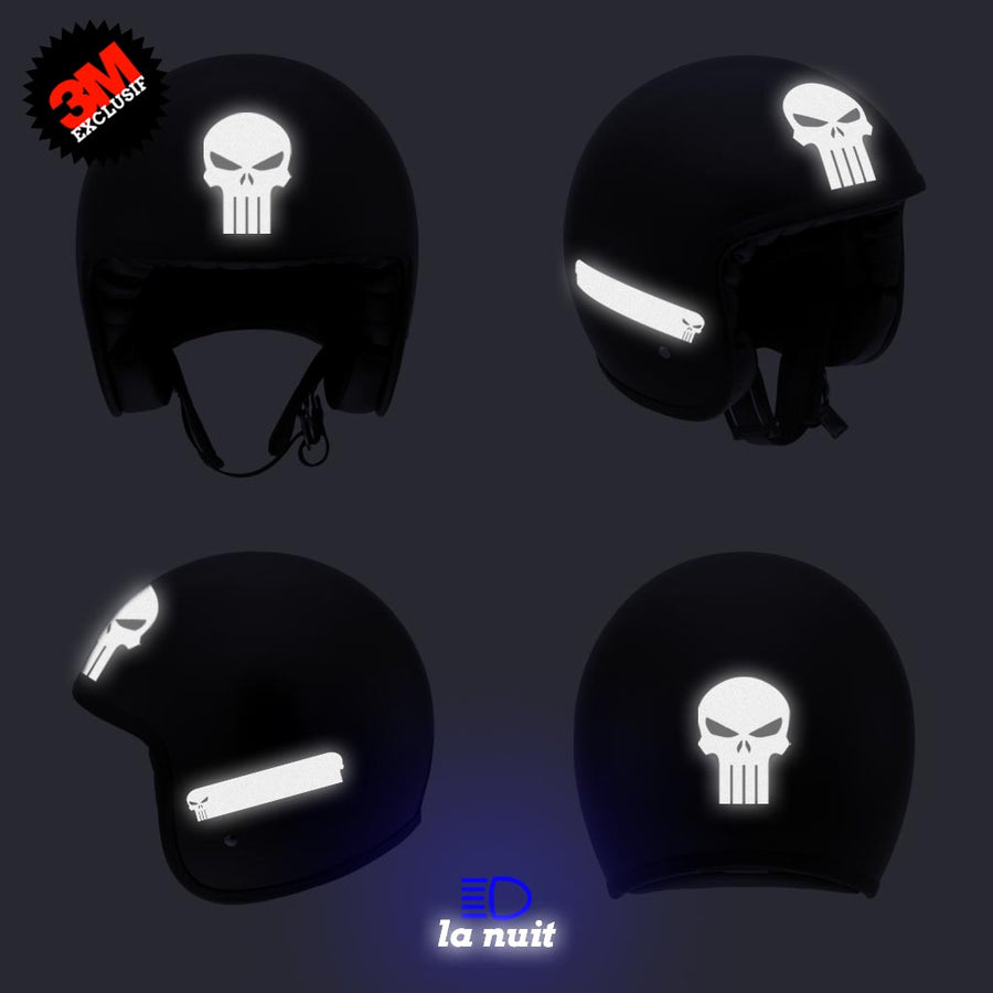 G-skullpunish2 blanc - kit sticker de 4 autocollants retro réfléchissants crane tete de mort punisher biker harley davidson casque moto 3M homologués (vue nuit B)