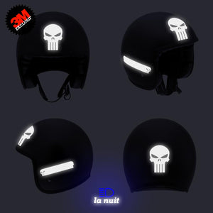G-skullpunish2 noir - kit sticker de 4 autocollants retro réfléchissants crane tete de mort punisher biker harley davidson casque moto 3M homologués (vue nuit B)