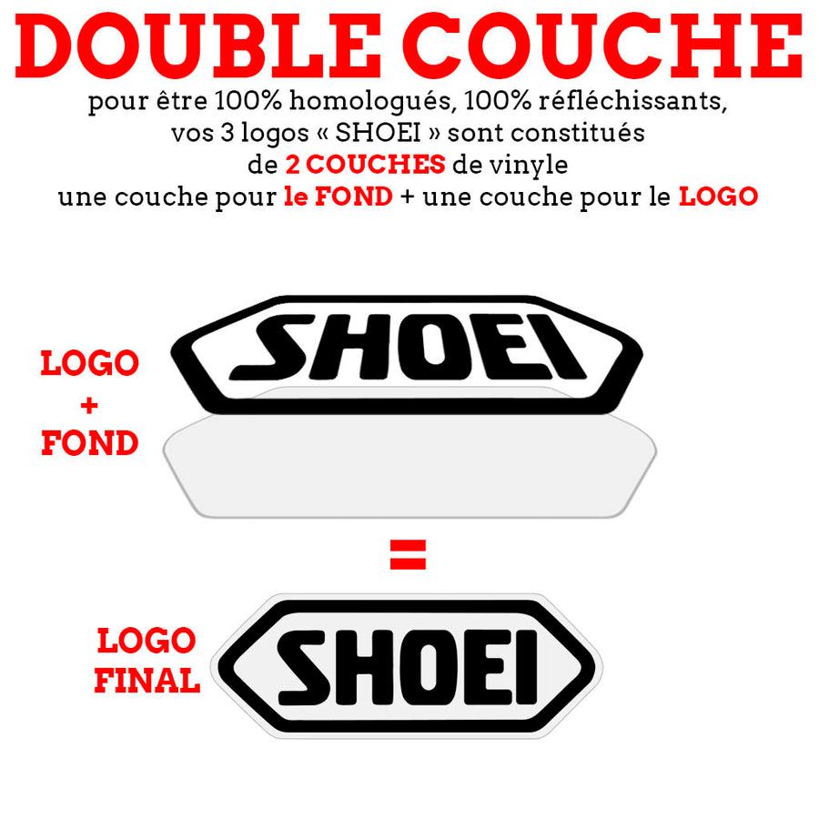 S-SHOEI 3 logos sur mesure - kit sticker de 4 autocollants retro réfléchissants casque moto 3M homologués (explication technique double couche)