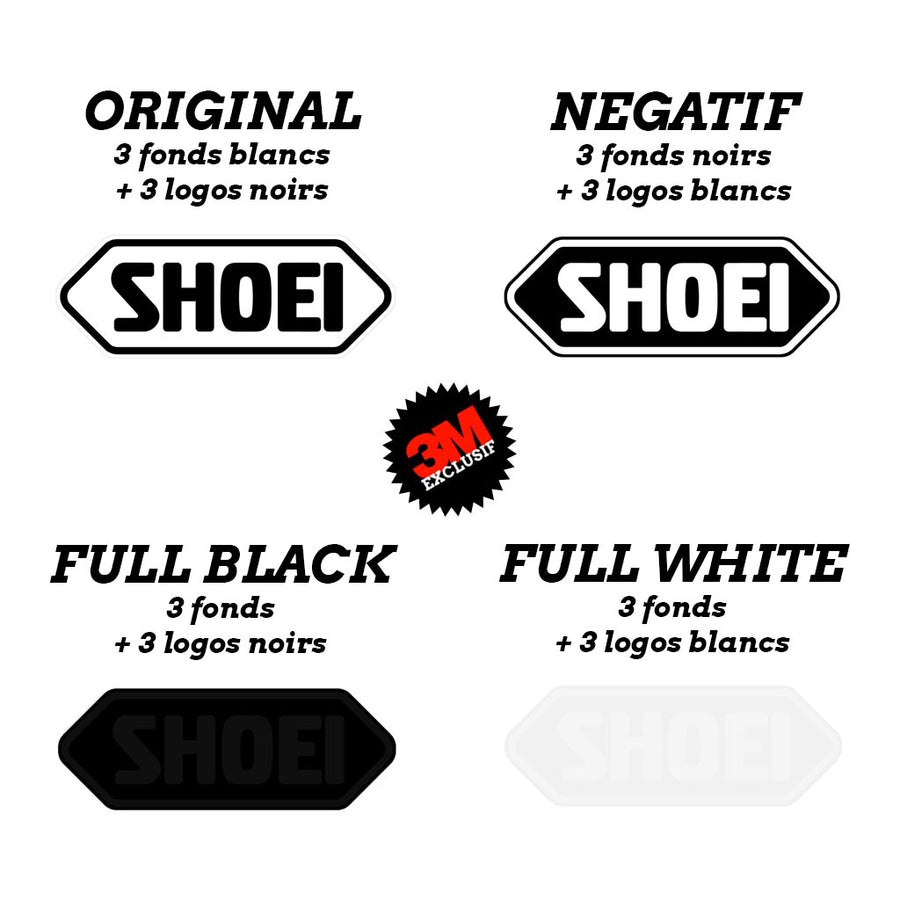 S-SHOEI 3 logos sur mesure - kit sticker de 4 autocollants retro réfléchissants casque moto 3M homologués (variantes couleur fond logo)